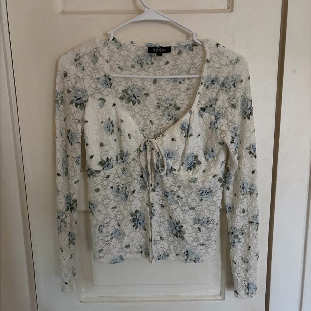 Self Esteem Floral Lace Crop Top - Cream and Blue